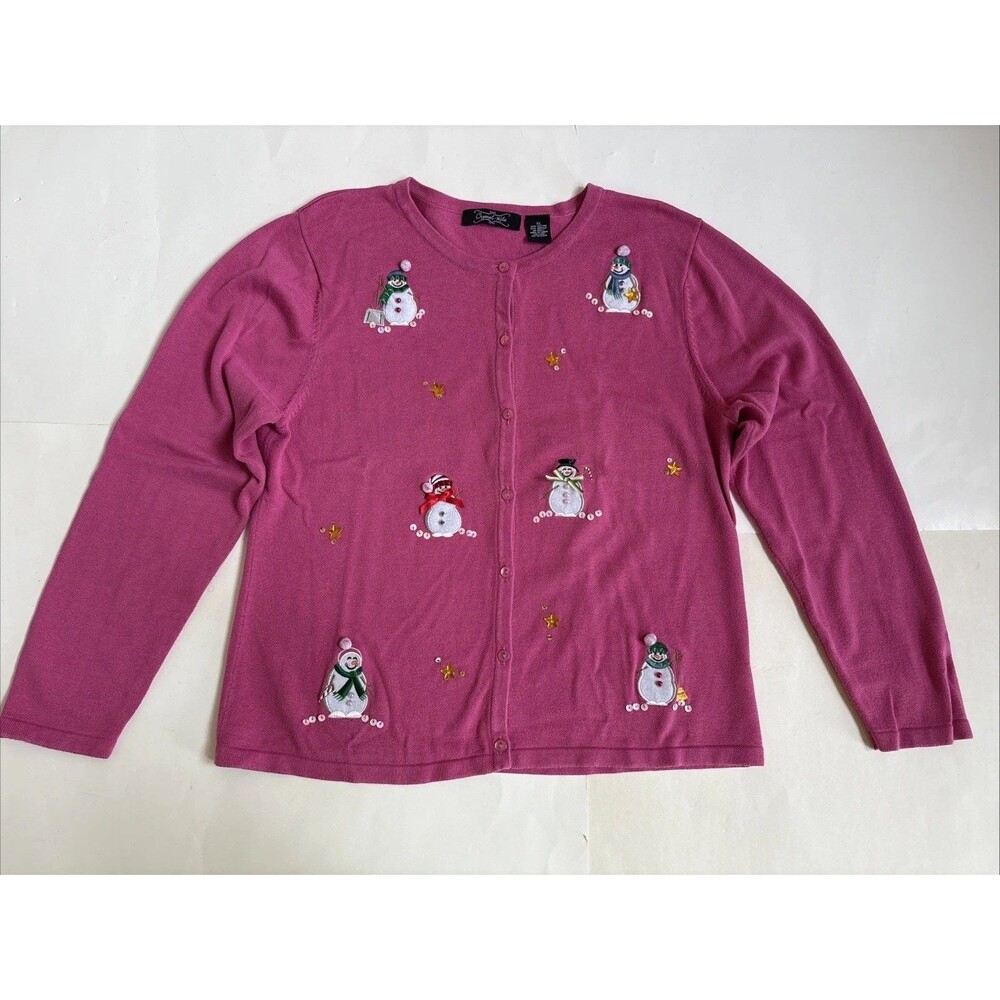 Ladies Crystal Kobe Pink Appliqué Snowmen Cardigan Sweater Size XL